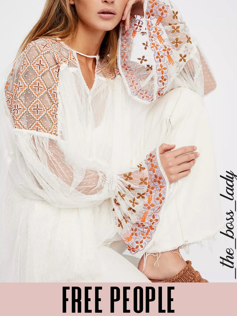 Free People top sheer blouse floral embroidery boho Small